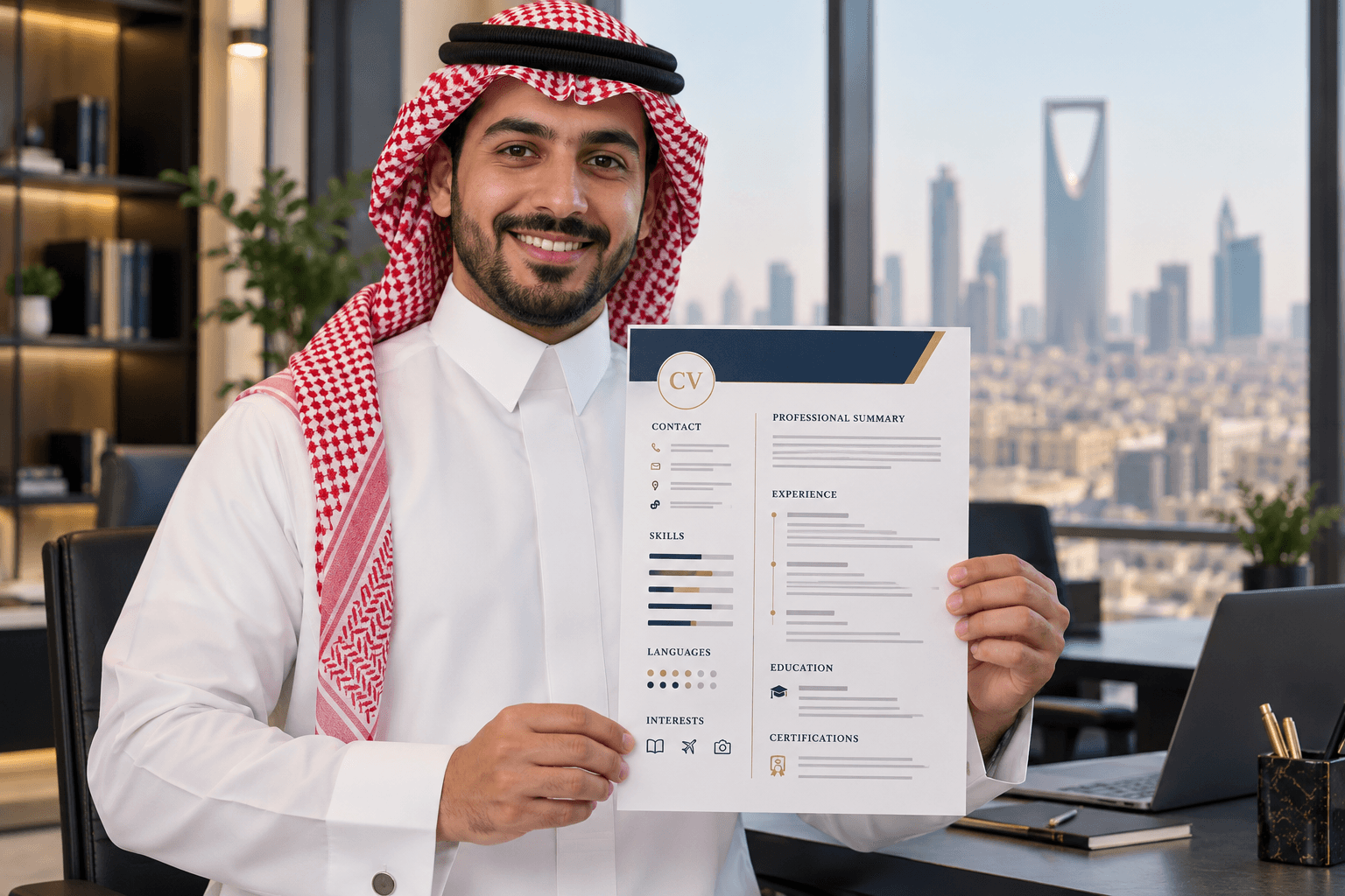 مهني سعودي مبتسم يحمل سيرة ذاتية منظمة بعد تحسينها