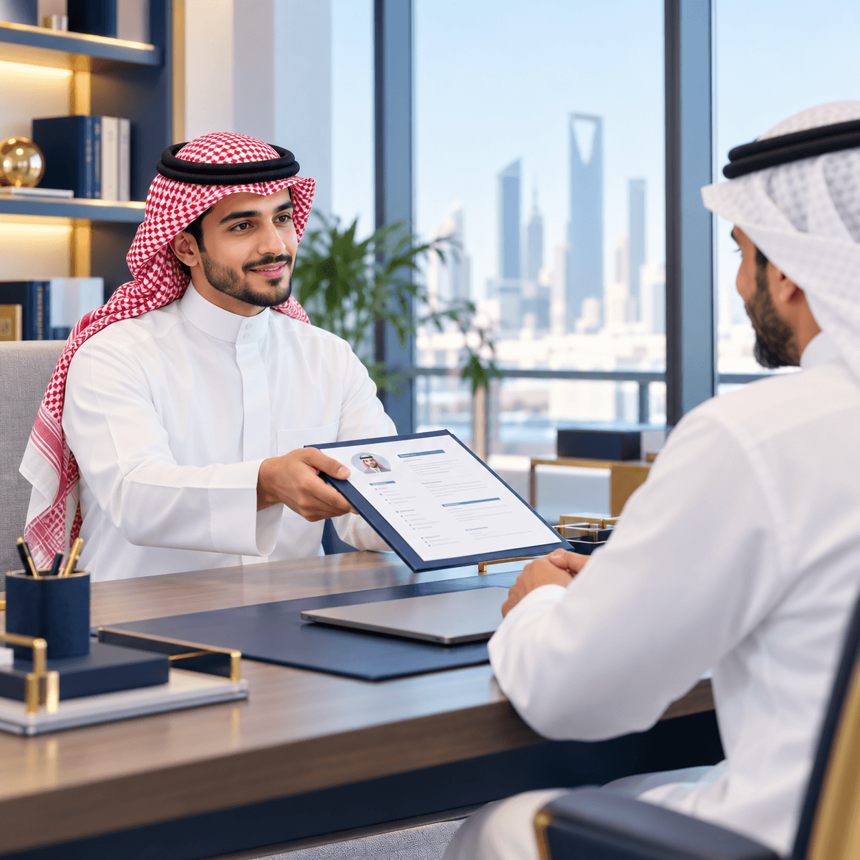 تصوّر توضيحي لمهني سعودي يعرض سيرته على مسؤول توظيف