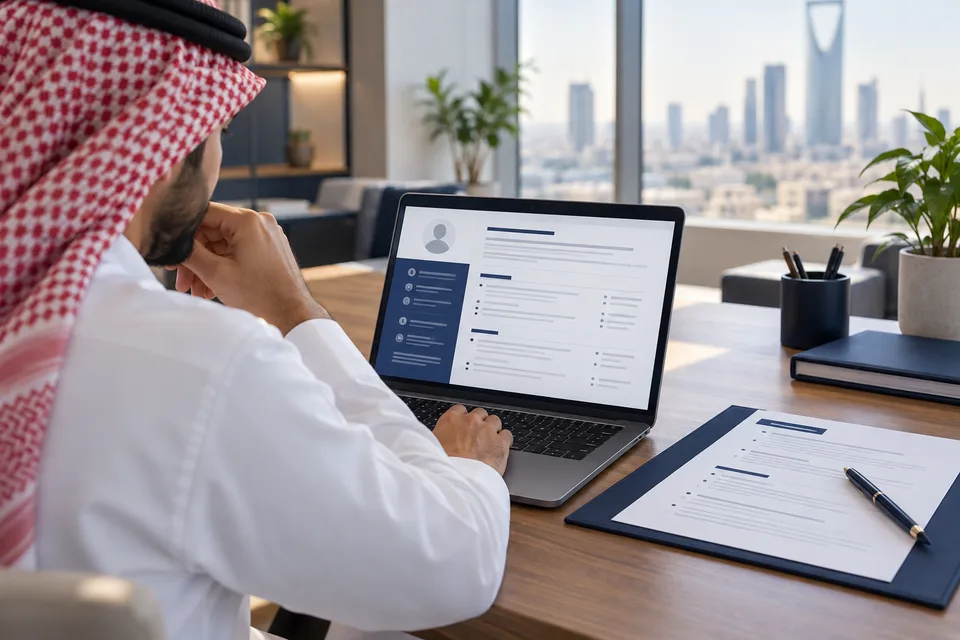 مهني سعودي يعمل على حاسوبه لإعداد معلومات الإعلان