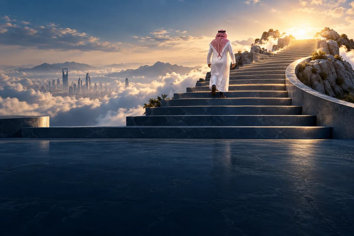 سُلّم يصعد نحو قمة مضيئة، رمز للتقدم المهني خطوة بخطوة